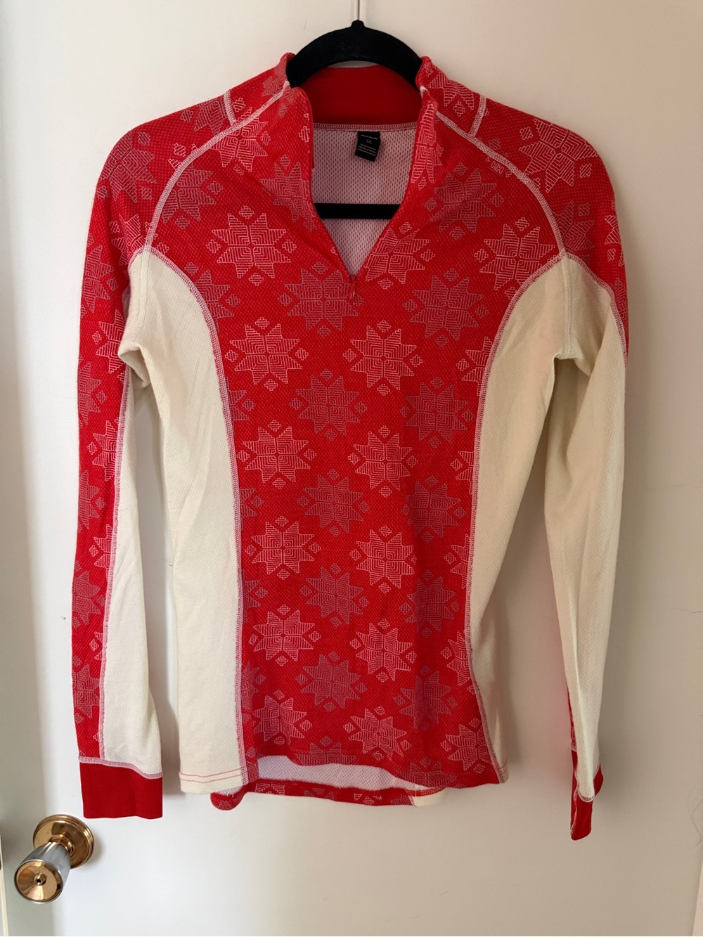Helly Hansen L Merino Wool Snowflake Base Layer Top Red White Nordic Ski